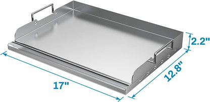 Universal Stainless Steel Griddle Flat Top Plate with Even Heating Bracing for BBQ Charcoal/Gas Grills, 17" X 13"