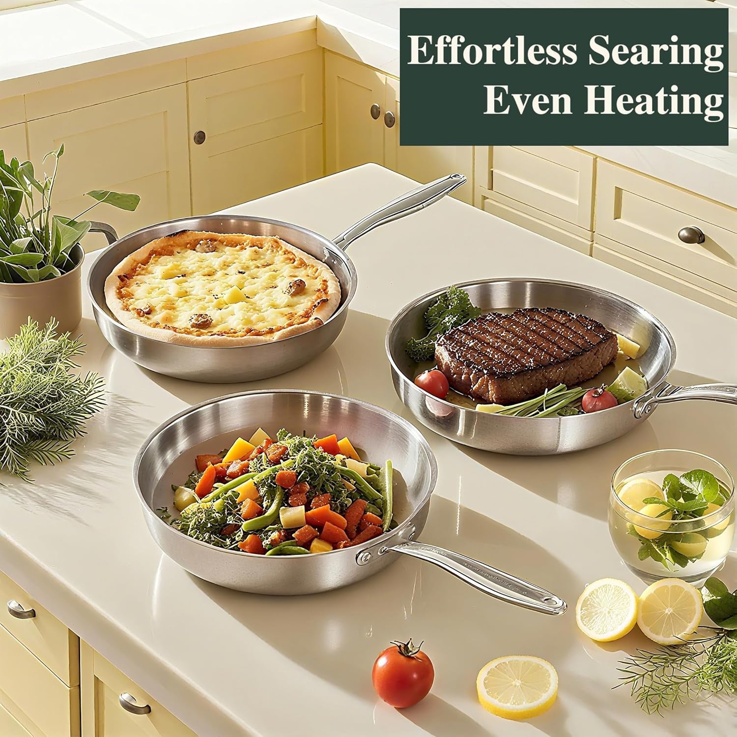 12 Inch Tri-Ply Stainless Steel Frying Pan with Lid, Induction Cooking Pans, Dishwasher & Oven Broiler Safe 600F