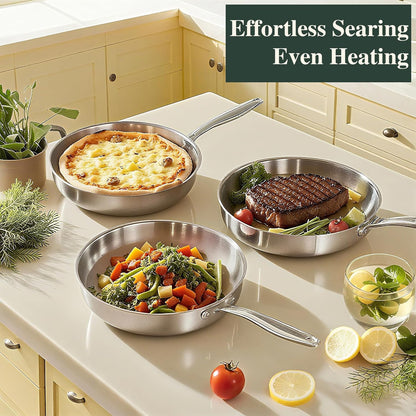 12 Inch Tri-Ply Stainless Steel Frying Pan with Lid, Induction Cooking Pans, Dishwasher & Oven Broiler Safe 600F