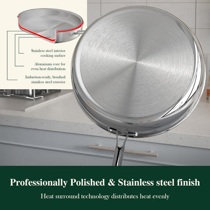 12 Inch Tri-Ply Stainless Steel Frying Pan with Lid, Induction Cooking Pans, Dishwasher & Oven Broiler Safe 600F