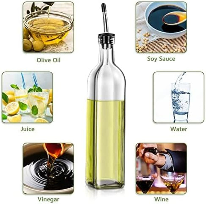 2 Pcs Glass Olive Oil Dispenser and Vinegar Dispenser Set with 2 Stainless Steel Pourers, 4 Labels,1 Brush and 1 Funnel Oil Bottles for Kitchen (500Ml)