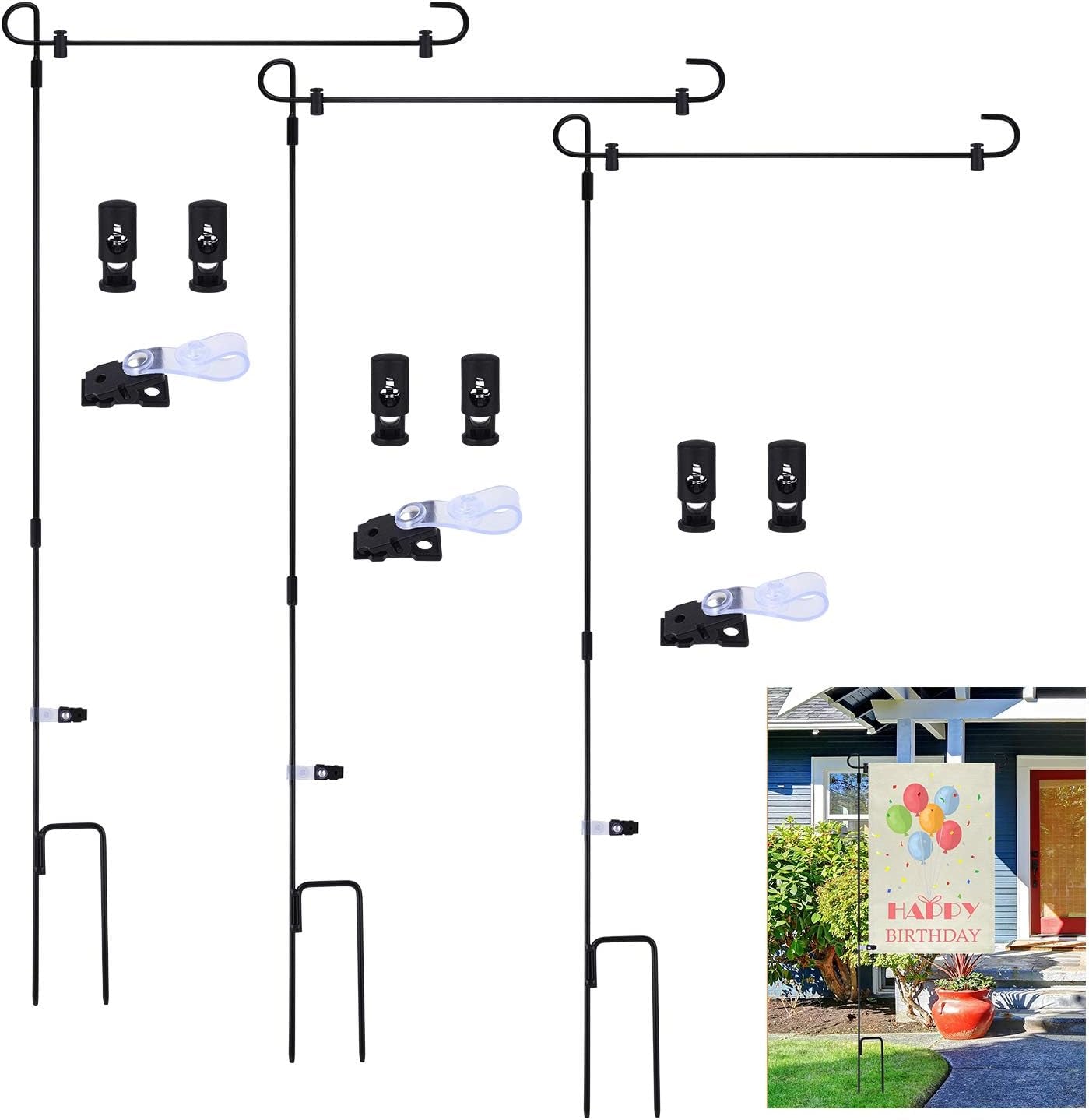 3 Pack Metal Flag Poles with Flag Stopper and Anti-Wind Clip