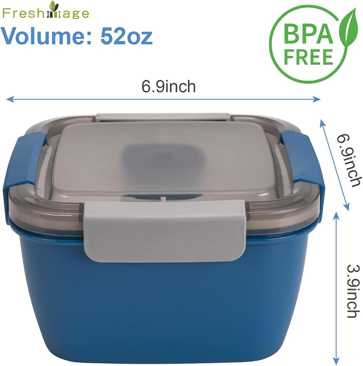 Salad Lunch Container To-Go – 52oz Bowl with Compartments & Dressing Cup