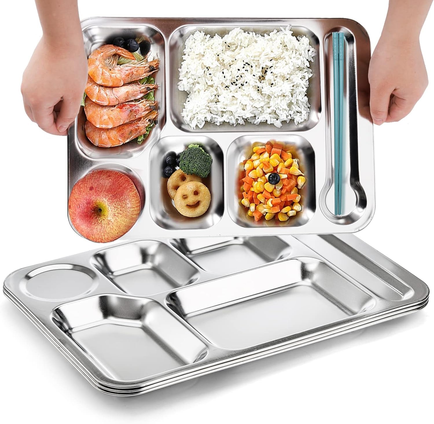 4 Pack Stainless Steel 6 Sections Rectangular Divided Dinner Tray