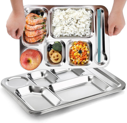 4 Pack Stainless Steel 6 Sections Rectangular Divided Dinner Tray
