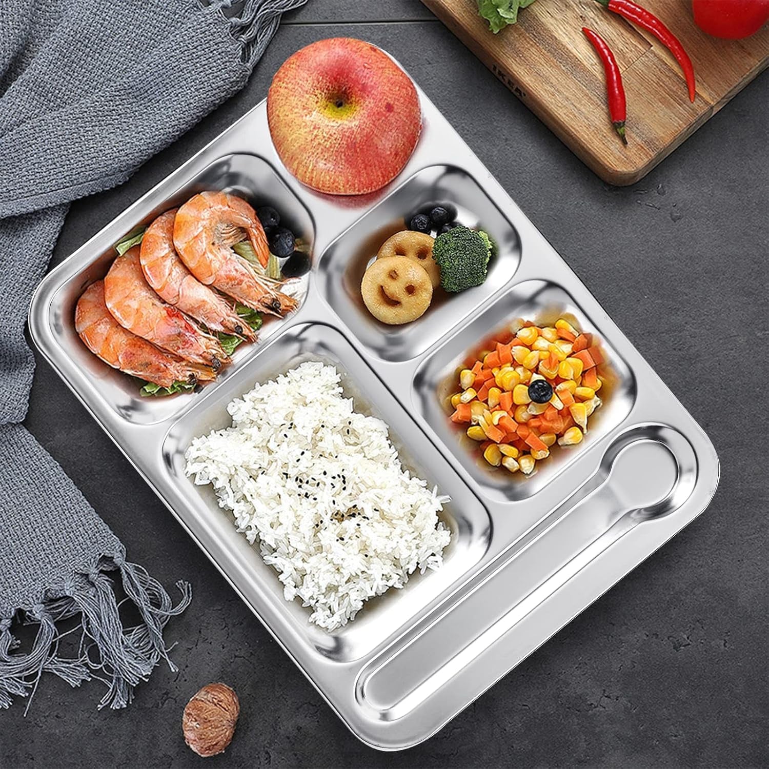 4 Pack Stainless Steel 6 Sections Rectangular Divided Dinner Tray