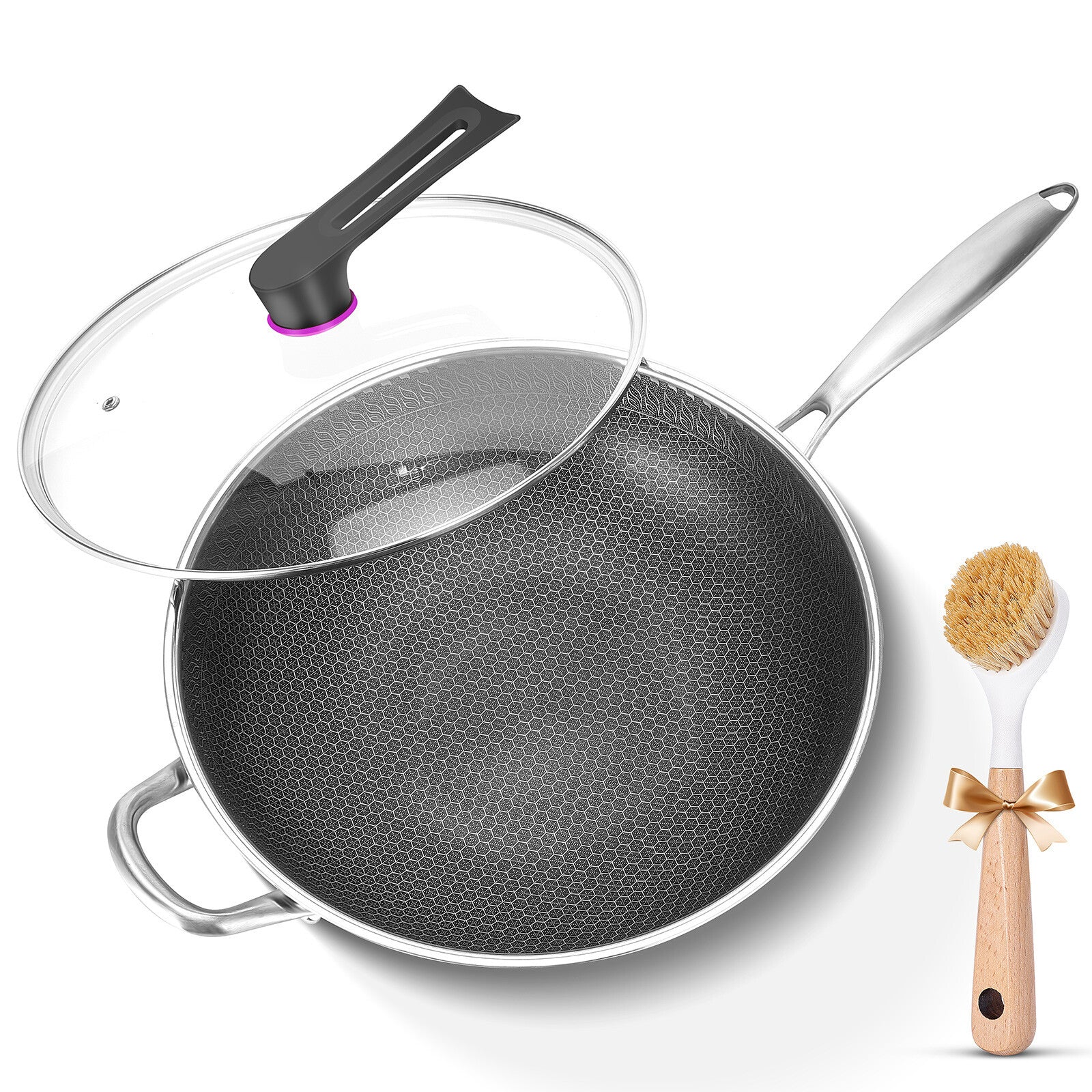 13" Large Honeycomb Wok Stainless Steel Nonstick Frying Pan Induction Cookware