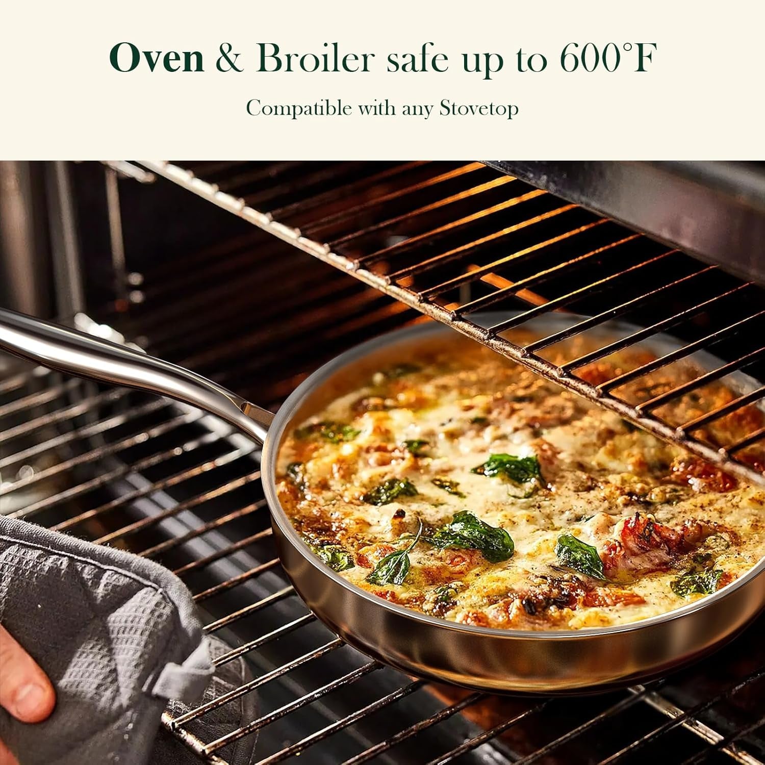 12 Inch Tri-Ply Stainless Steel Frying Pan with Lid, Induction Cooking Pans, Dishwasher & Oven Broiler Safe 600F