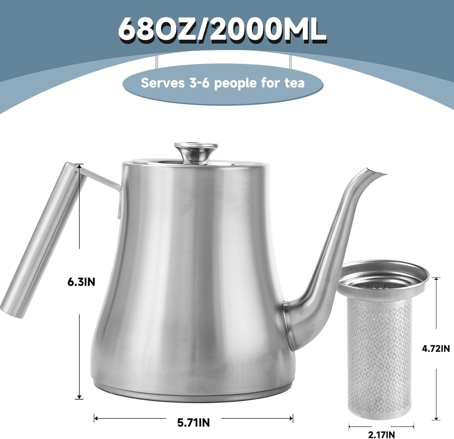 68 oz. Stainless Steel Teapot with Removable Infuser, Stovetop Safe Tea Maker Water Kettle for Loose Leaf & Tea Bags, Silver