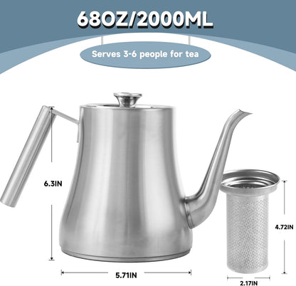 68 oz. Stainless Steel Teapot with Removable Infuser, Stovetop Safe Tea Maker Water Kettle for Loose Leaf & Tea Bags, Silver