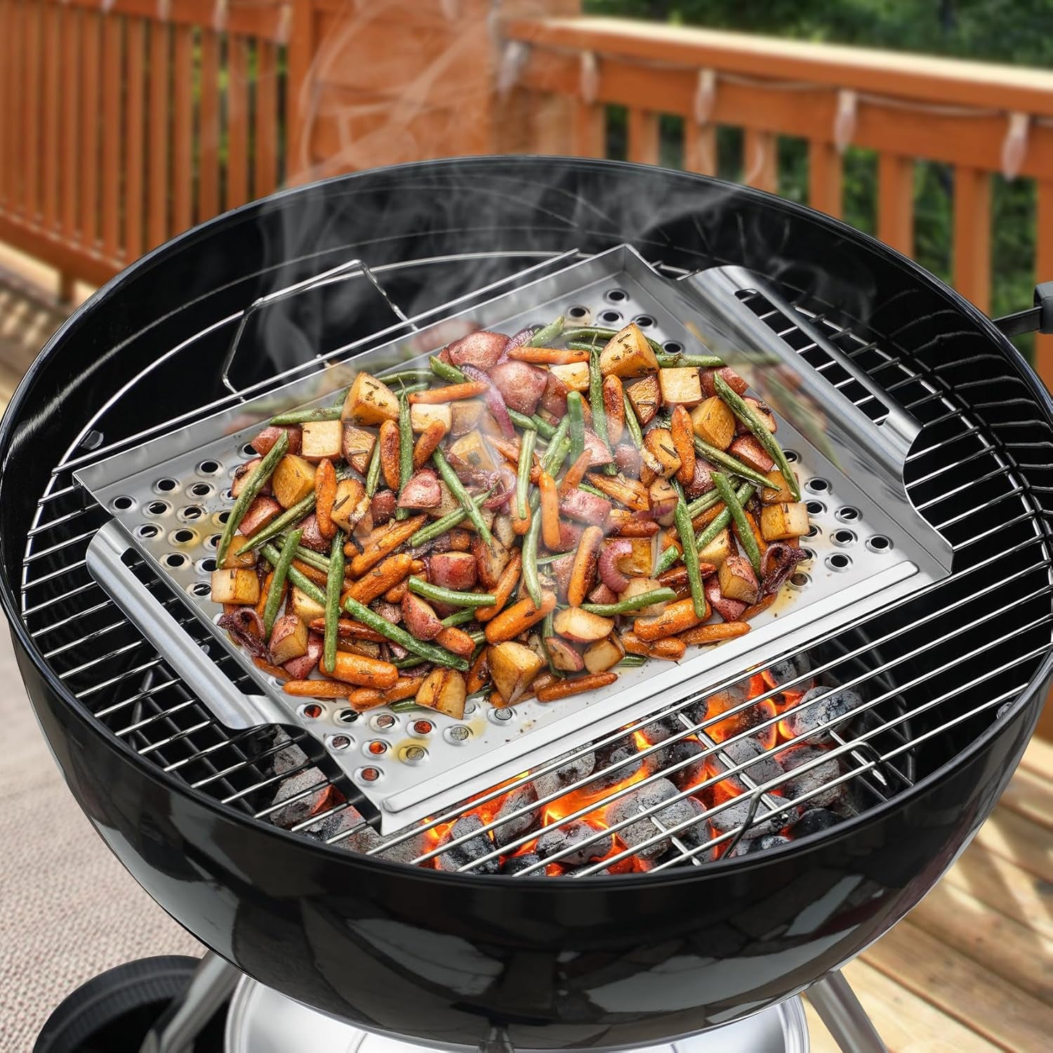 Stainless Steel  Nonstick Grill Topper Grid BBQ Tray with Perforated Bottom and Handles
