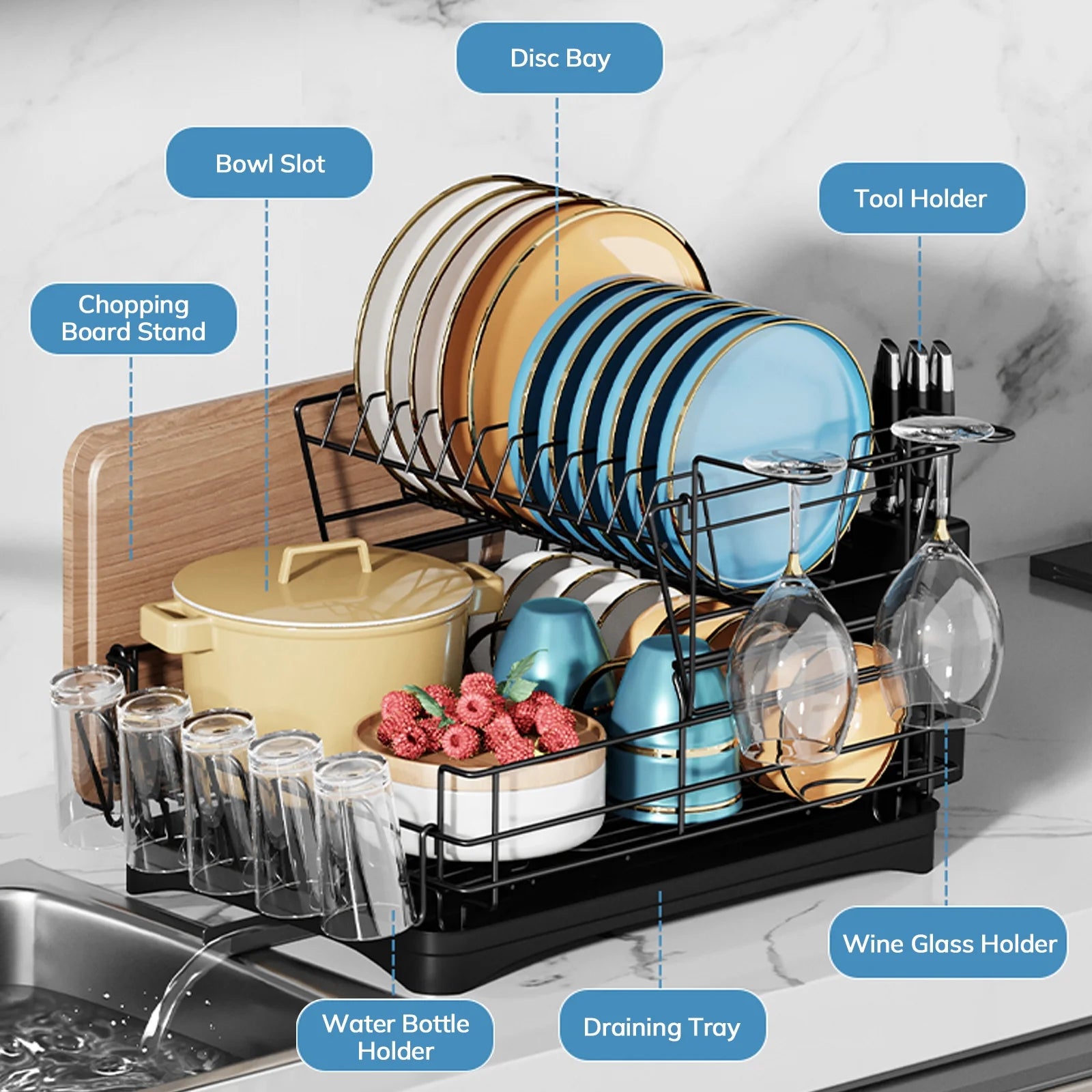 Space Saving 2 Tier Stainless Steel Dish Racks Organizer, Rust Resistant Dish Strainers - Black