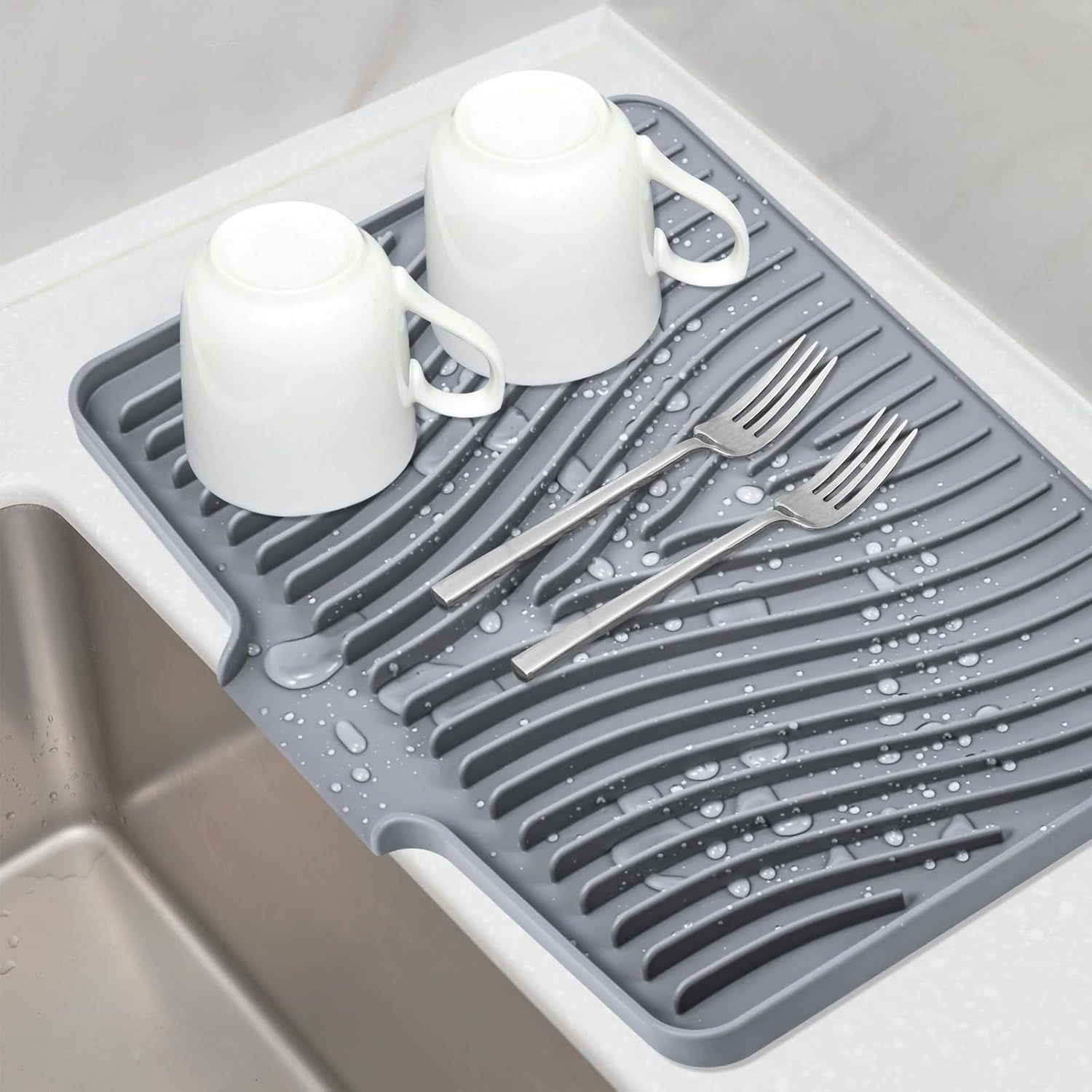 Silicone Dish Drying Mat for Kitchen Counter, Dish Drying Pad, Non-Slip Drain Pad with Built-In Drain, Heat Resistant Stone Drying Mat(15.8" X 13", Grey)