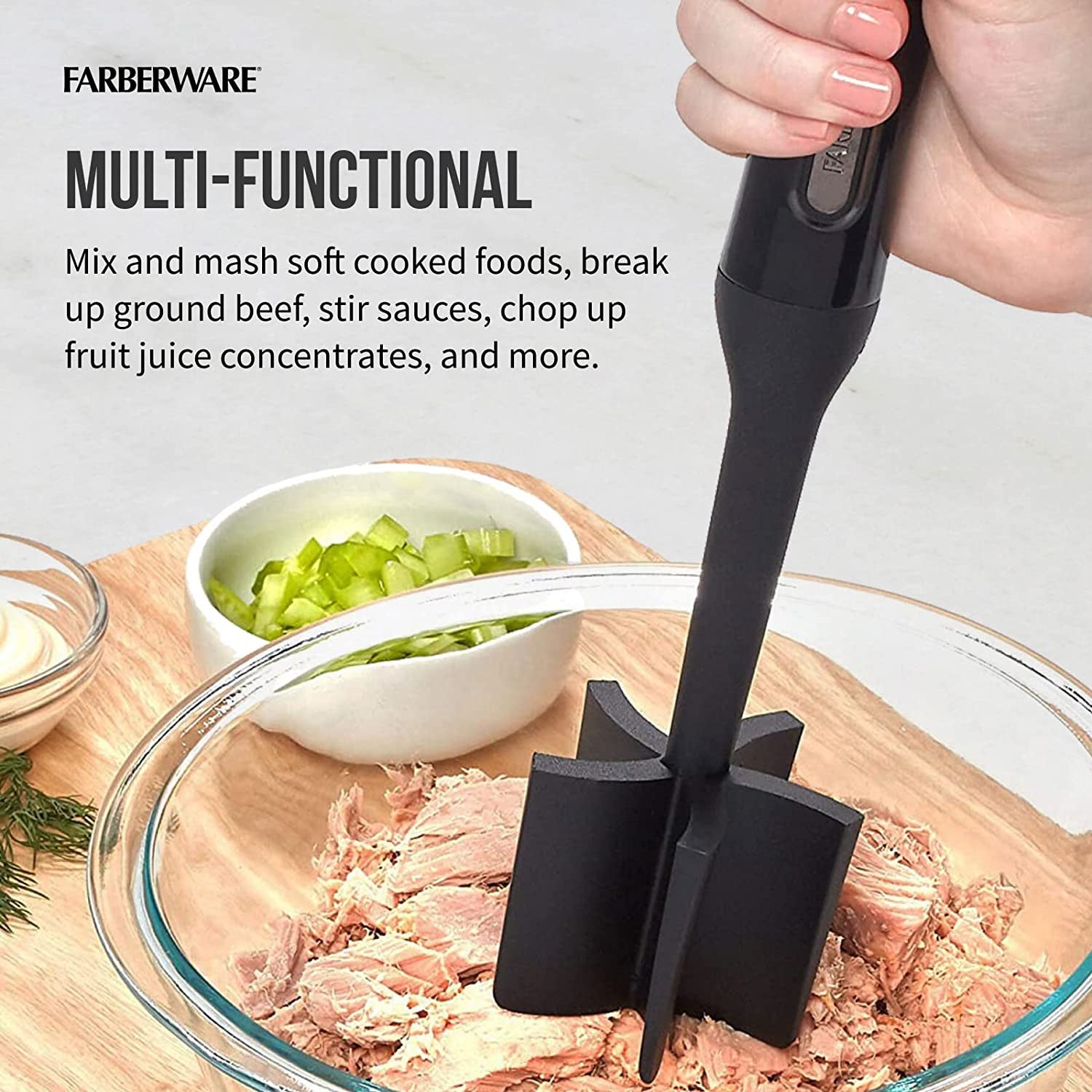 Nylon Meat and Potato Masher – 5-Blade Ground Meat Chopper, Heat-Resistant to 450°F, Safe for Nonstick Cookware, Ergonomic Handle, 10-Inch, Dishwasher-Safe, Black