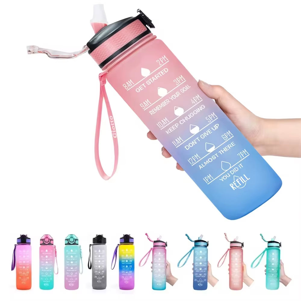 32 Oz Leakproof Water Gym Bottles with Times to Drink and Straw
