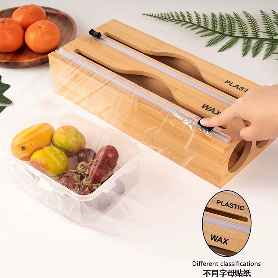 Bamboo Compartment Cling Film Tin Foil Cutter Box with Kitchen Paper Wall Mounted Paper Towel Kitchen Organizer Accessories
