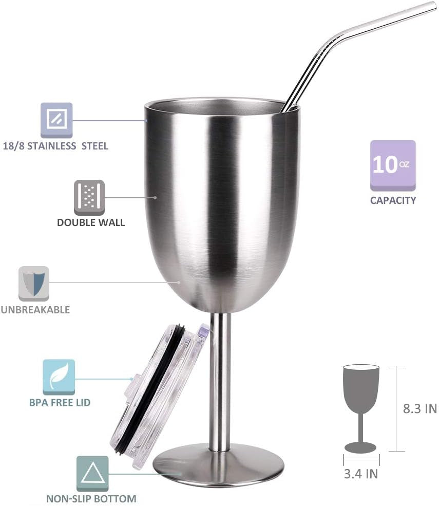 10 oz.  Stainless Steel Wine Glasses Double Walled Vacuum Insulated Wine Tumbler Cups with Lid and Straw - (2 Pack)
