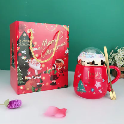 Christmas Ceramic Mugs Set with Lid and Spoon