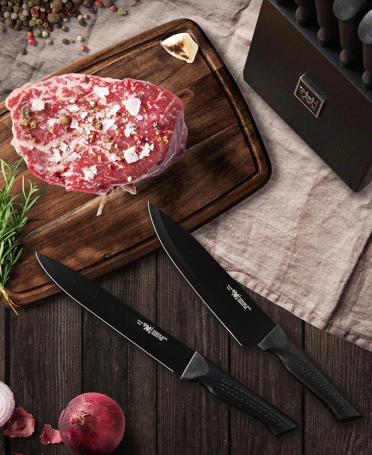Knife Set, 15 Pcs Kitchen Knife Set with Block Self Sharpening, Dishwasher Safe, 6 Steak Knives, Anti-Slip Handle, Black