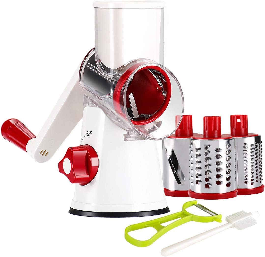 Rotary Cheese Grater Hand Crank, Kitchen Shredder Speed Mandolin Slicer with Handle and Drum Blades