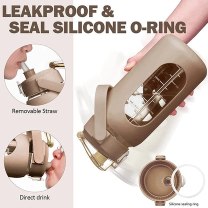 1000ML Glass Water Bottles with Straw, Glass Bottle with Silicone Sleeve and Time Marker, for Gym Home Office