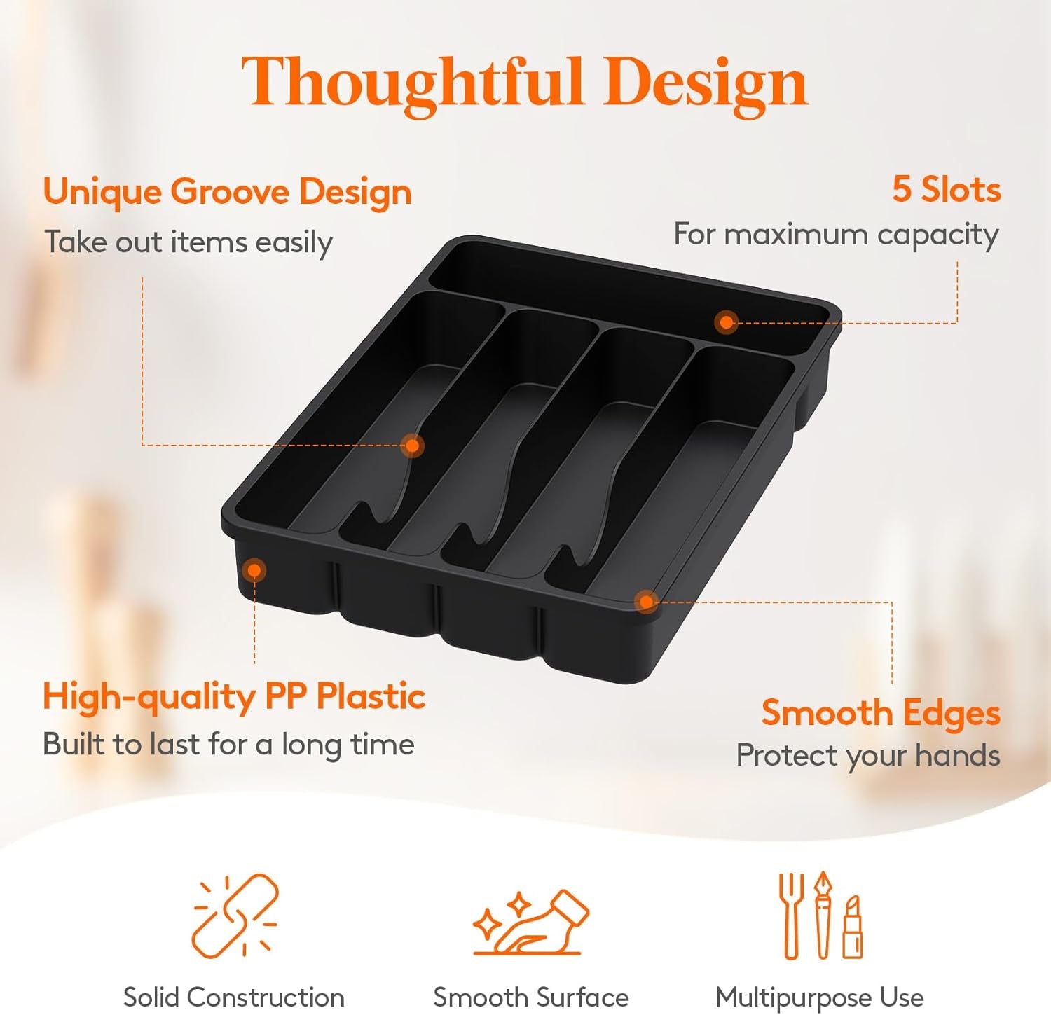 5 Compartment Plastic Cutlery Storage for Kitchen Drawer, Flatware and Utensil Holder Divider for Spoons Forks Knives Tableware, Black