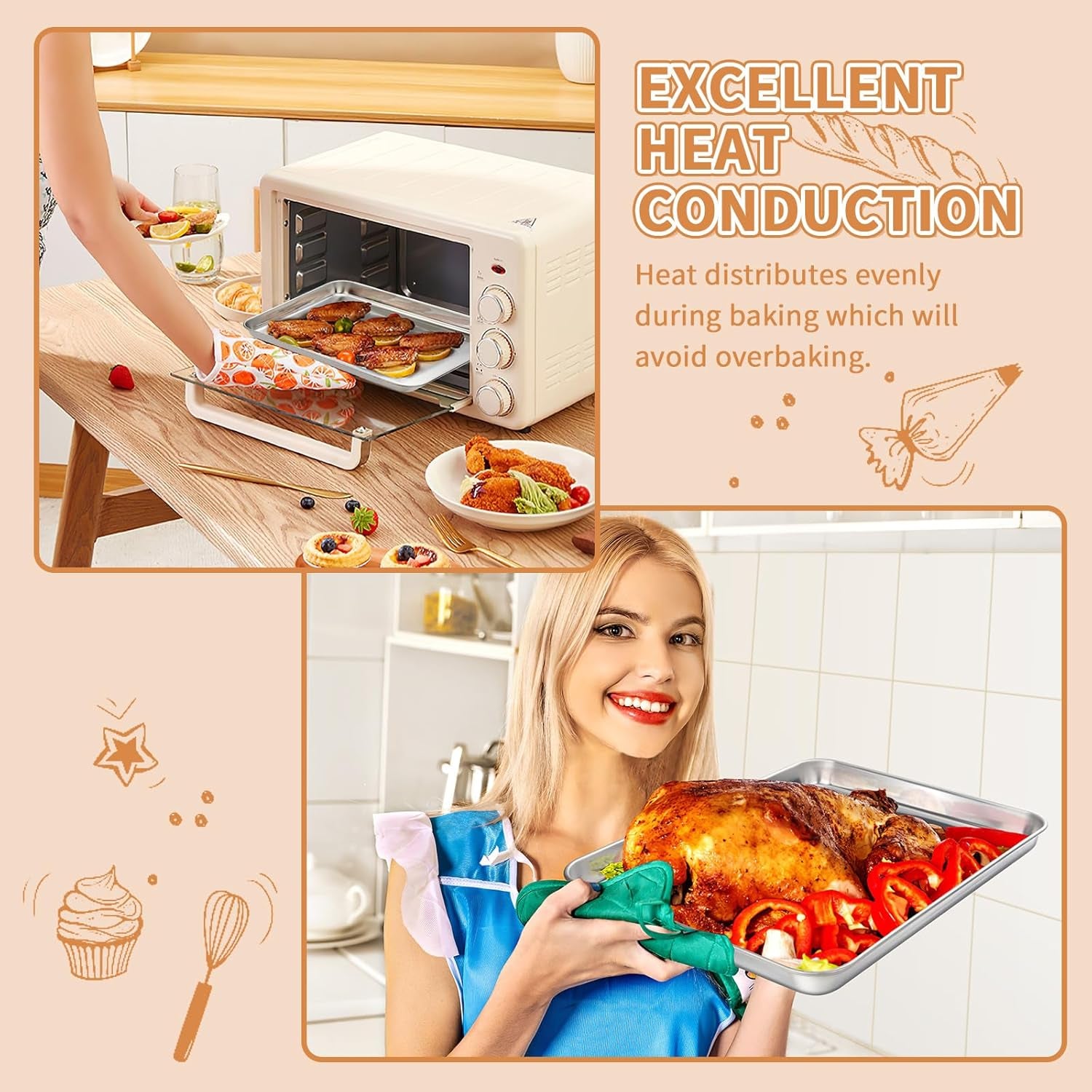 Stainless Steel Baking Sheet Set of 2,  Non Toxic & Heavy Duty, Rust Free & Mirror Finish, Dishwasher Safe, 12 X 10 X 1 Inch