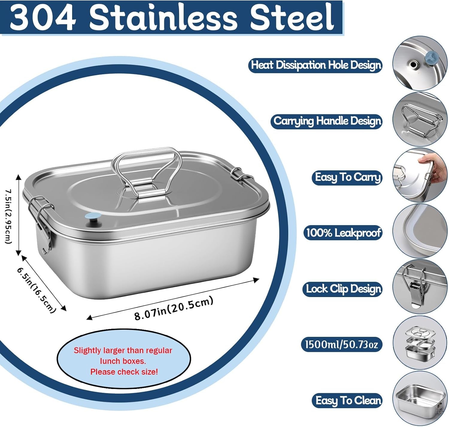1500ML 2-Compartment Tray Stainless Steel Bento Box Leakproof with Airtight Valve Handle, Including Utensil Set (Fork/Knife/Chopsticks) 
