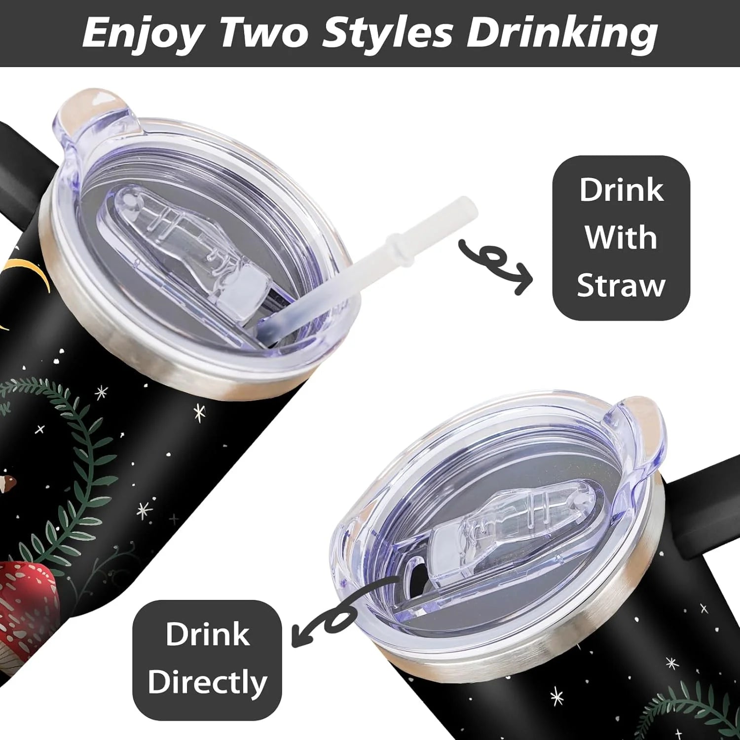 Mushroom 40 Oz Tumbler with Handle and Straw, Double Wall Vacuum Insulated Stainless Steel, 100% Leak-Proof Water Bottle, Travel Mug Coffee Cup
