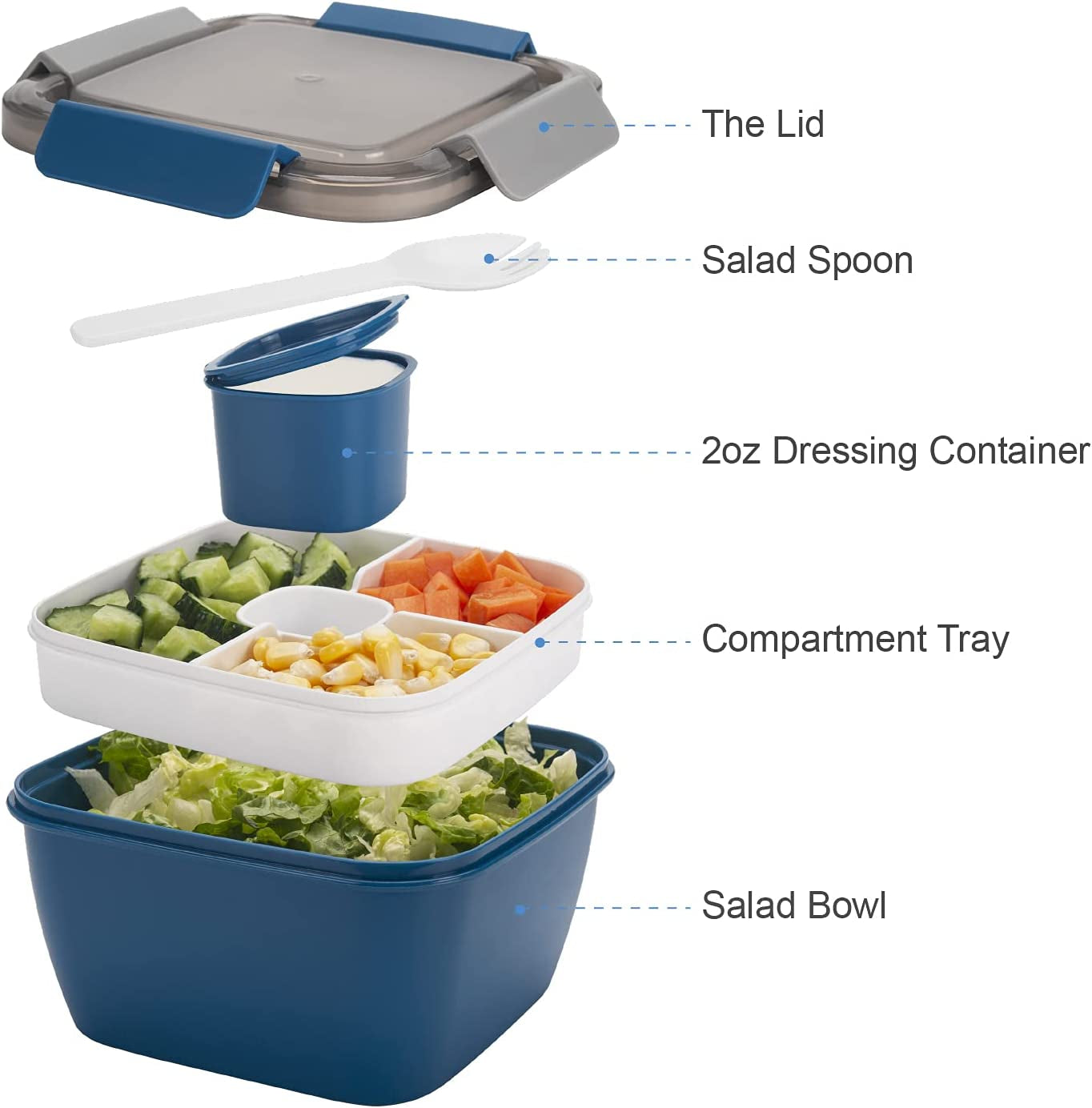 Salad Lunch Container To-Go – 52oz Bowl with Compartments & Dressing Cup