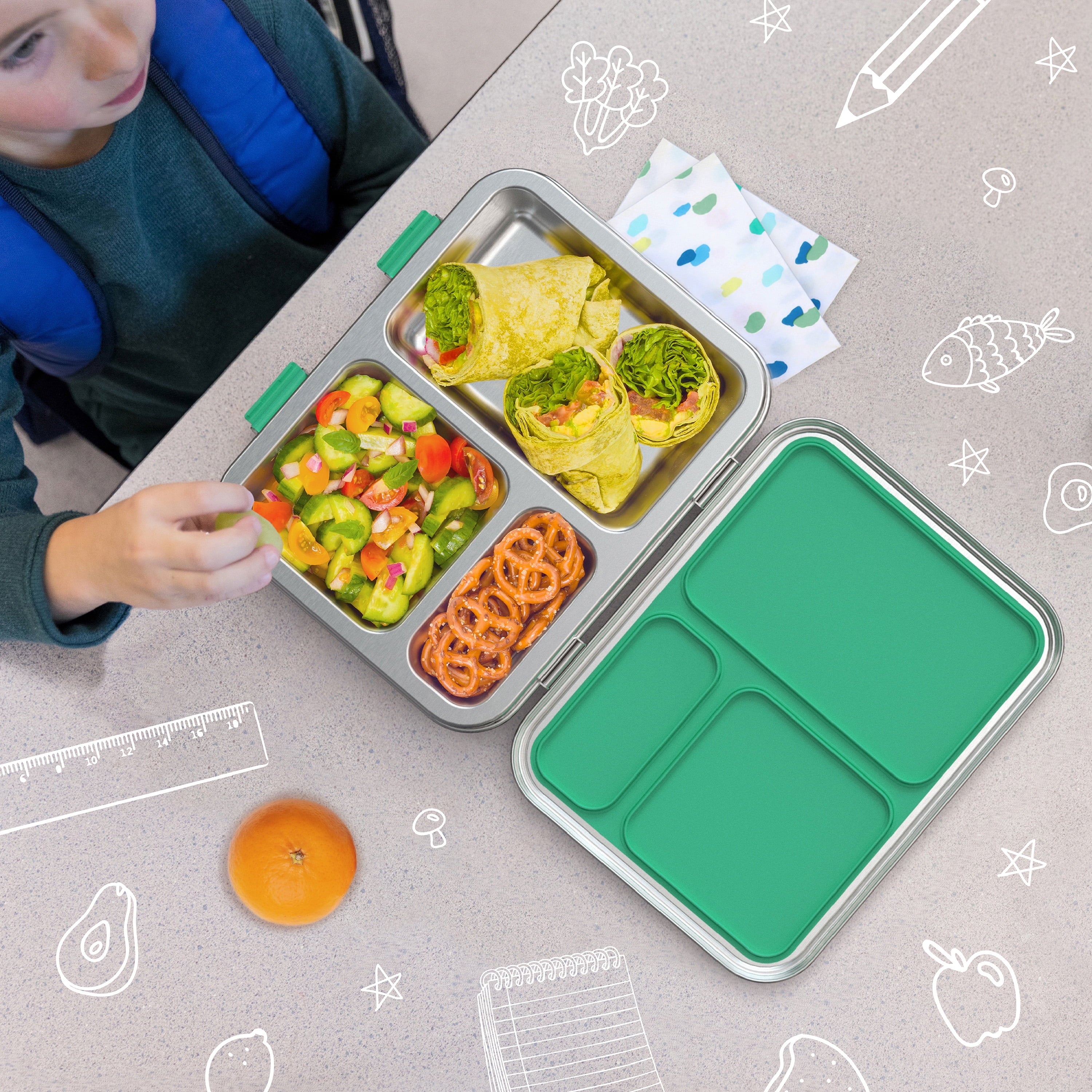 Stainless Steel Leak-Resistant Lunch Box - Bento-Style, 3 Compartments, and Bonus Silicone Container for Meals On-The-Go