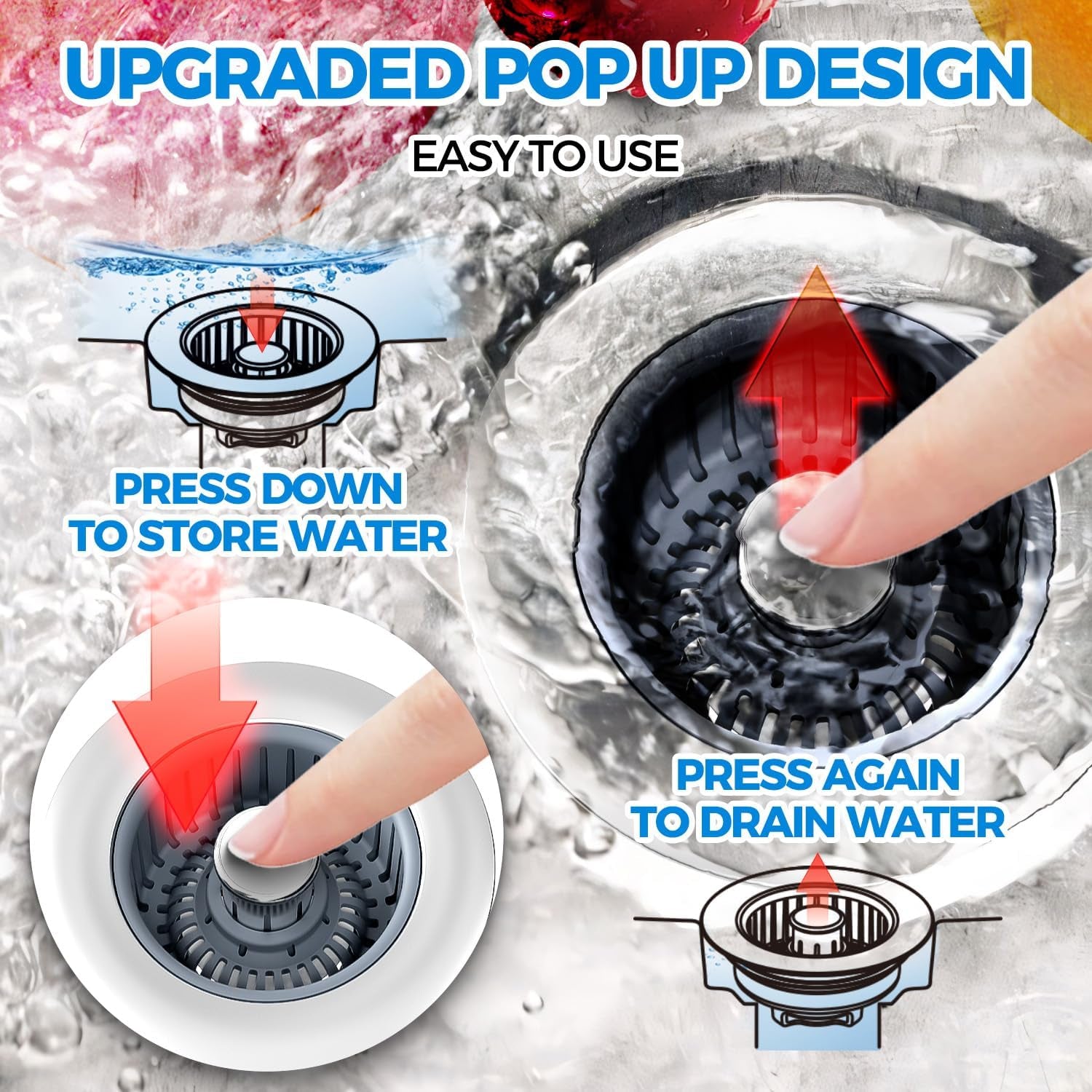 Upgraded 3In1 Kitchen Sink Drain Strainer & Sink Stopper, Stainless Steel Kitchen Drain Plug & Sink Installation Parts with Anti-Clogging Basket, Fit US Standard 3-1/2'' Sink Drain Hole