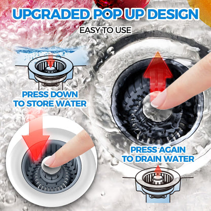 Upgraded 3In1 Kitchen Sink Drain Strainer & Sink Stopper, Stainless Steel Kitchen Drain Plug & Sink Installation Parts with Anti-Clogging Basket, Fit US Standard 3-1/2'' Sink Drain Hole