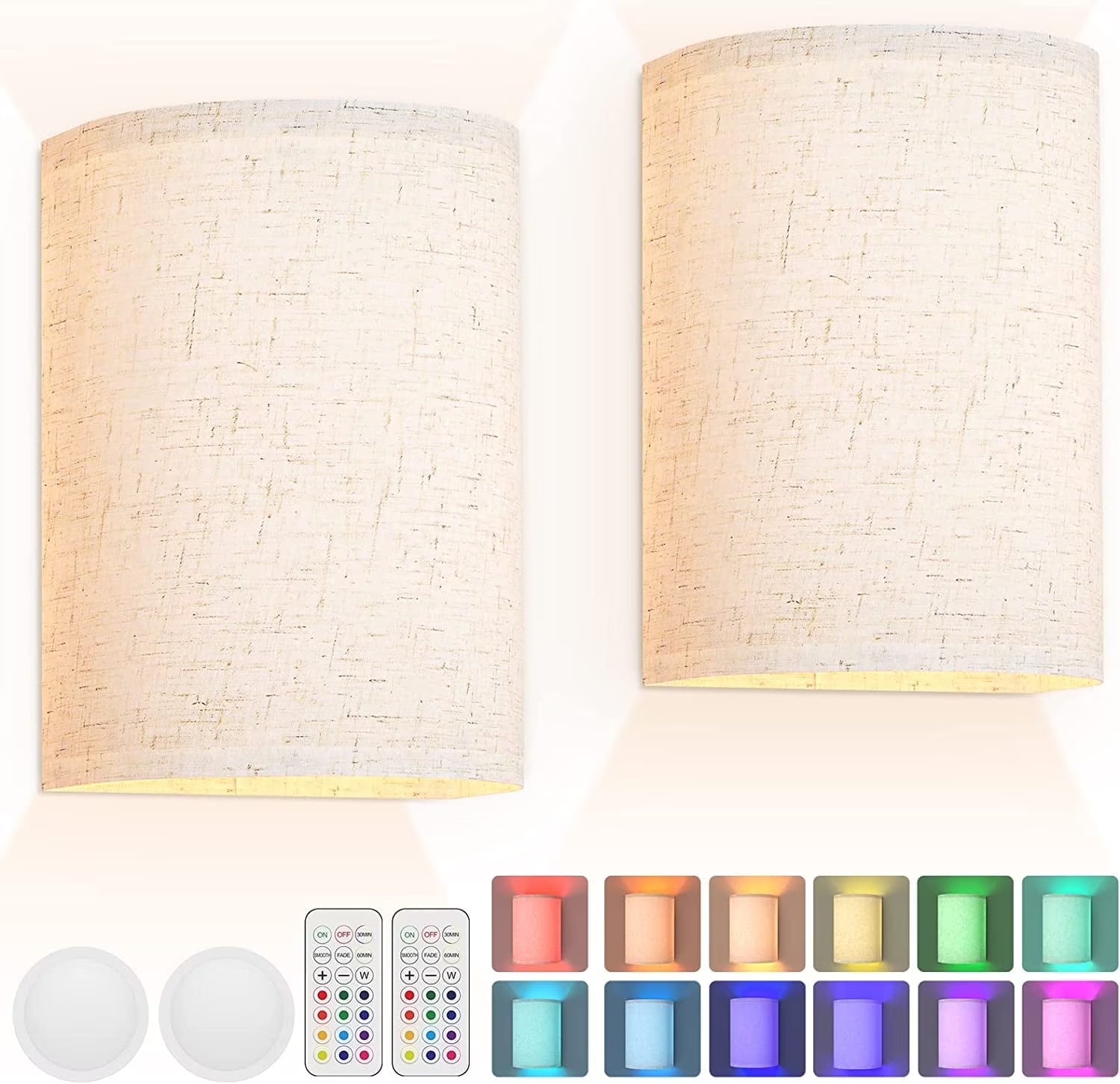 Dimmable 2-Light LED Fabric Linen Shade Bedroom Battery Operated Wall Sconces (2 Count)