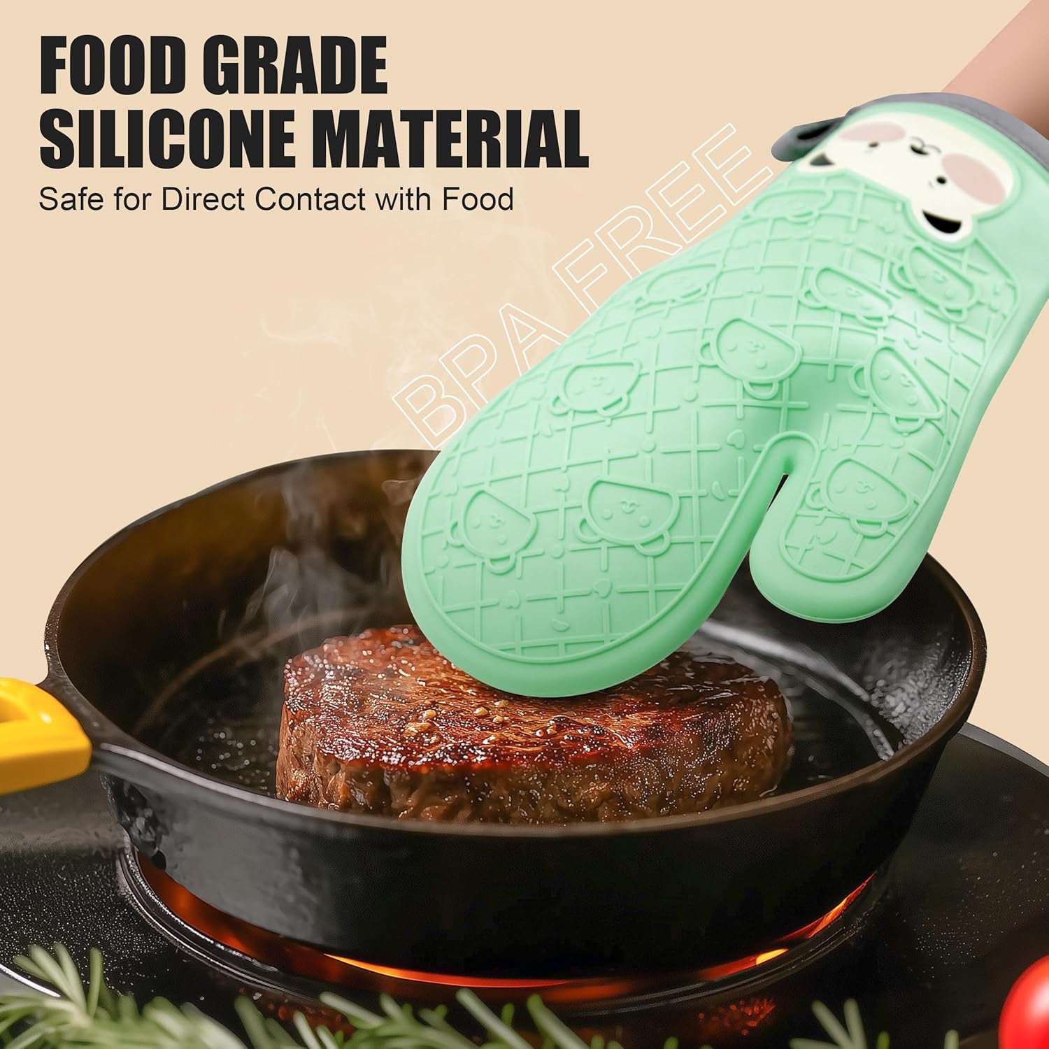 Silicone Oven Mitts Cute Bear - Non-Slip Kitchen Gloves for Baking & BBQ - Soft Cotton Lined, Waterproof & BPA-Free Potholders - Machine Washable & Heat Resistant up to 500°F - Green, 1 Pair