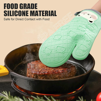 Silicone Oven Mitts Cute Bear - Non-Slip Kitchen Gloves for Baking & BBQ - Soft Cotton Lined, Waterproof & BPA-Free Potholders - Machine Washable & Heat Resistant up to 500°F - Green, 1 Pair