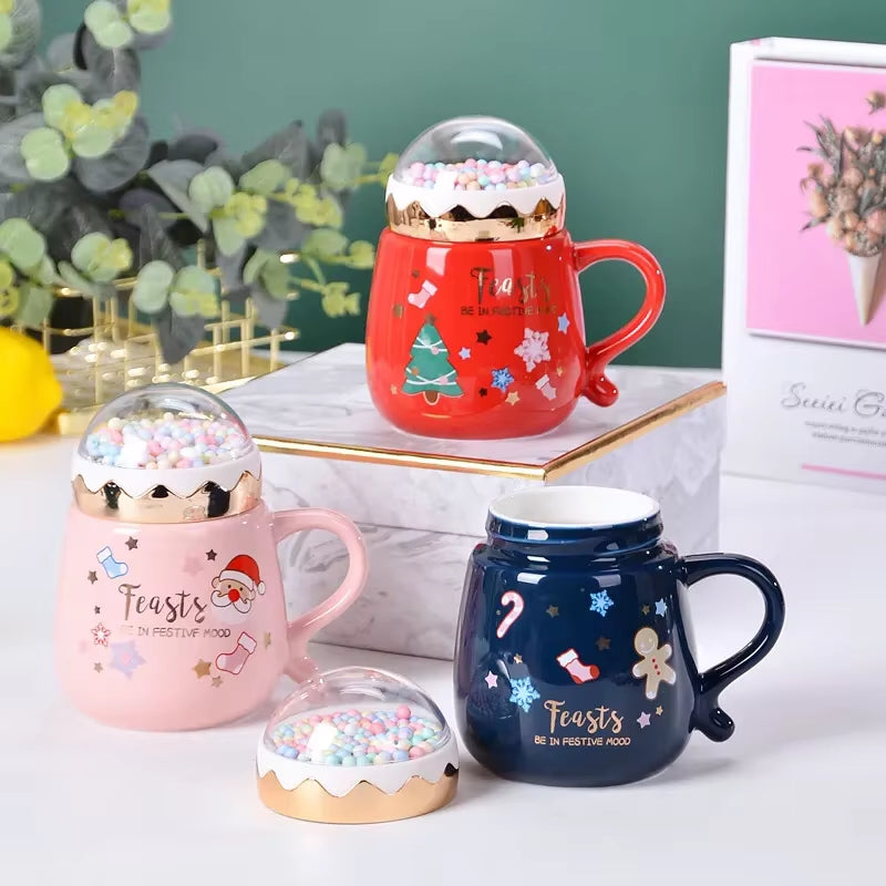 Christmas Ceramic Mugs Set with Lid and Spoon
