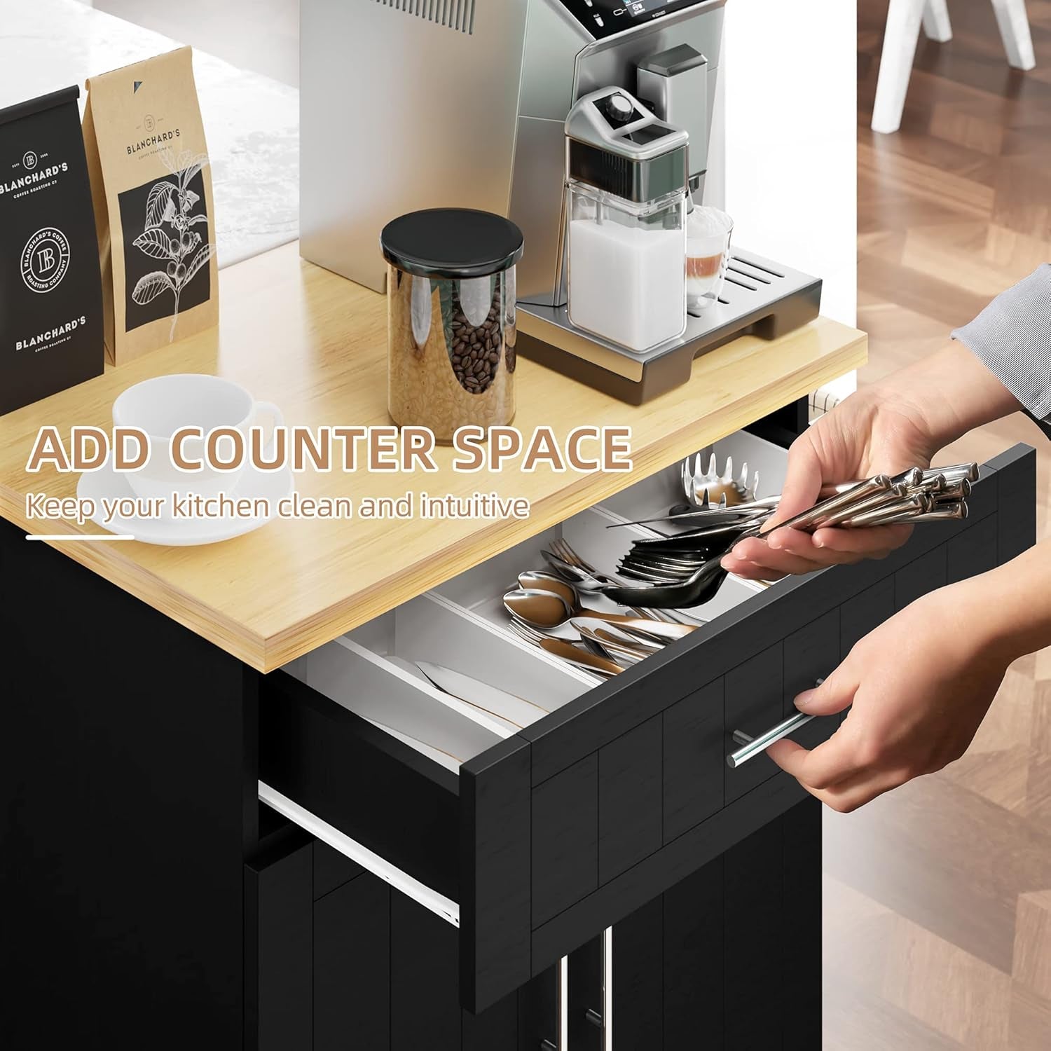 Kitchen Island Cart with Storage, Rolling Kitchen Island Side Table on Wheels with Worktop, Single Door Storage Cabinet and Drawer, Black