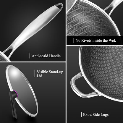 13" Large Honeycomb Wok Stainless Steel Nonstick Frying Pan Induction Cookware