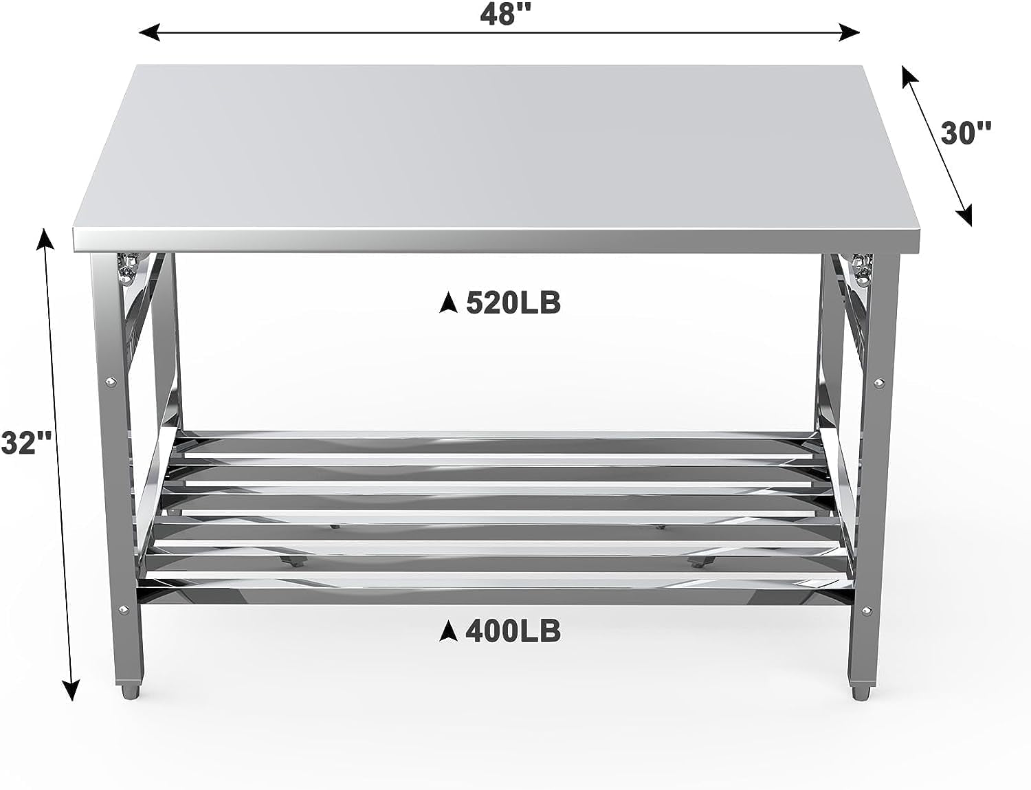 48 X 30 Inch Stainless Steel Heavy-Duty Folding Table with Undershelf for Prep & Work, NSF Certified