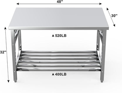 48 X 30 Inch Stainless Steel Heavy-Duty Folding Table with Undershelf for Prep & Work, NSF Certified