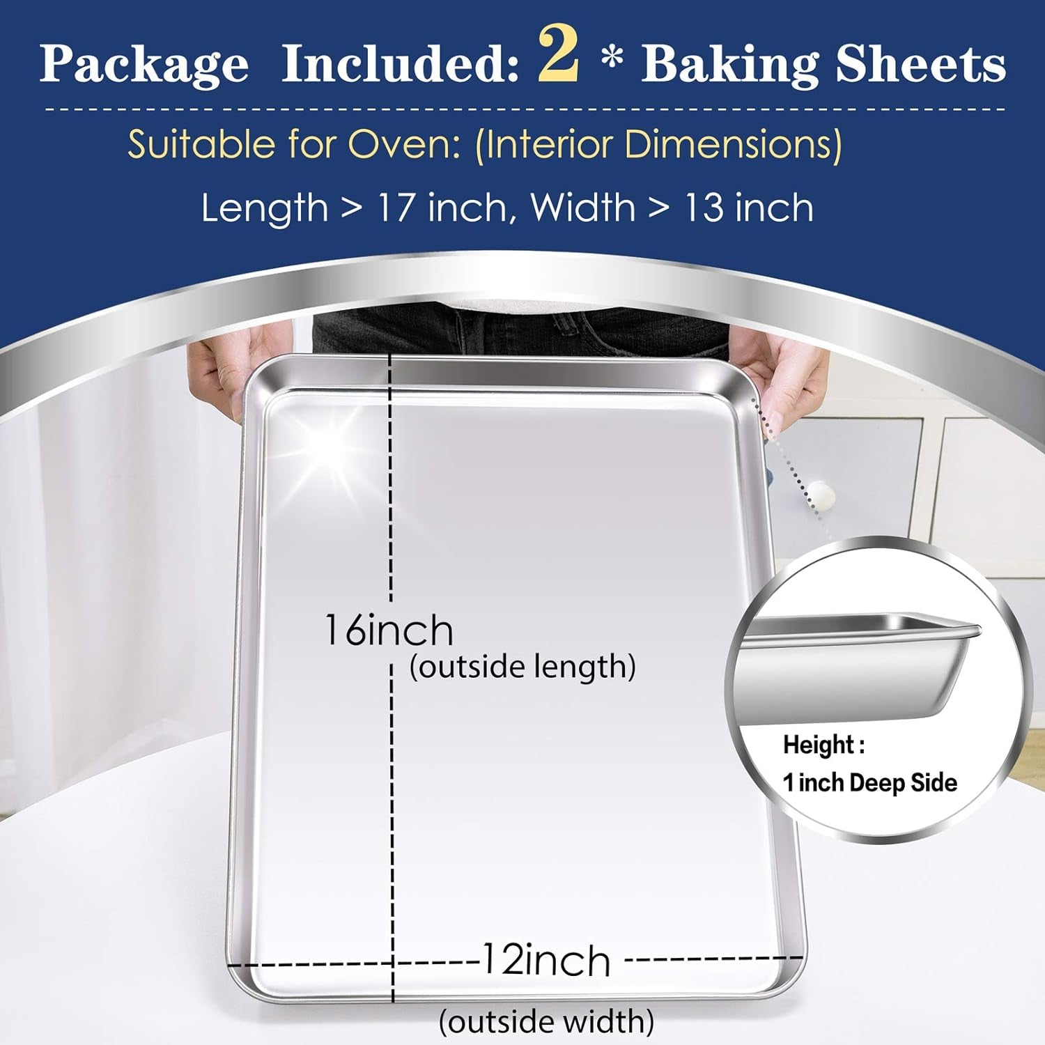 16 Inch Baking Cookie Sheet, Oven Pan Tray Stainless Steel Sheet Pan for Kitchen, Oven Bakeware for Multi Uses, Shiny Look & Dishwasher Safe, 2PCS