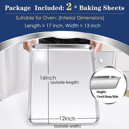 16 Inch Baking Cookie Sheet, Oven Pan Tray Stainless Steel Sheet Pan for Kitchen, Oven Bakeware for Multi Uses, Shiny Look & Dishwasher Safe, 2PCS