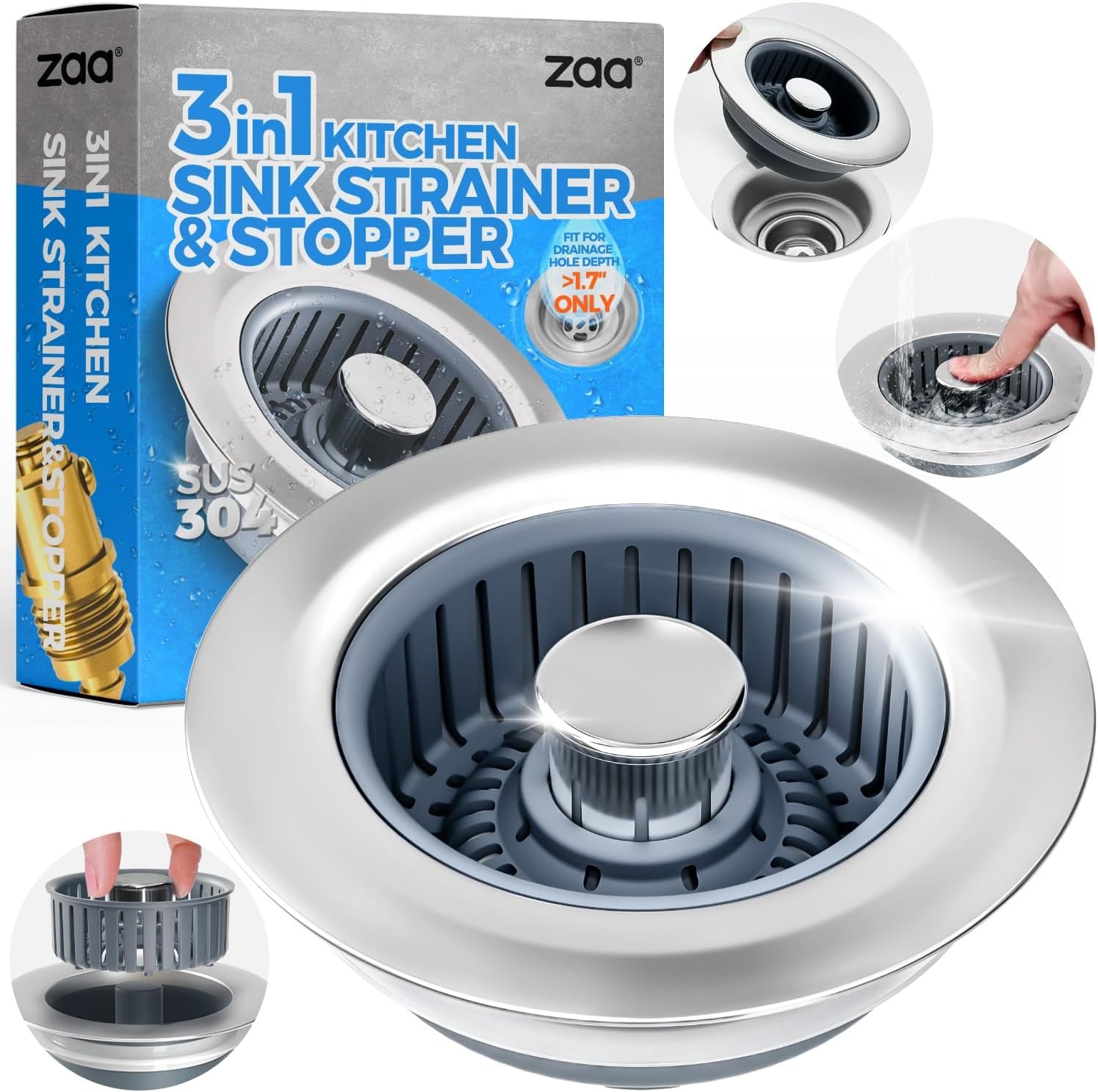 Upgraded 3In1 Kitchen Sink Drain Strainer & Sink Stopper, Stainless Steel Kitchen Drain Plug & Sink Installation Parts with Anti-Clogging Basket, Fit US Standard 3-1/2'' Sink Drain Hole
