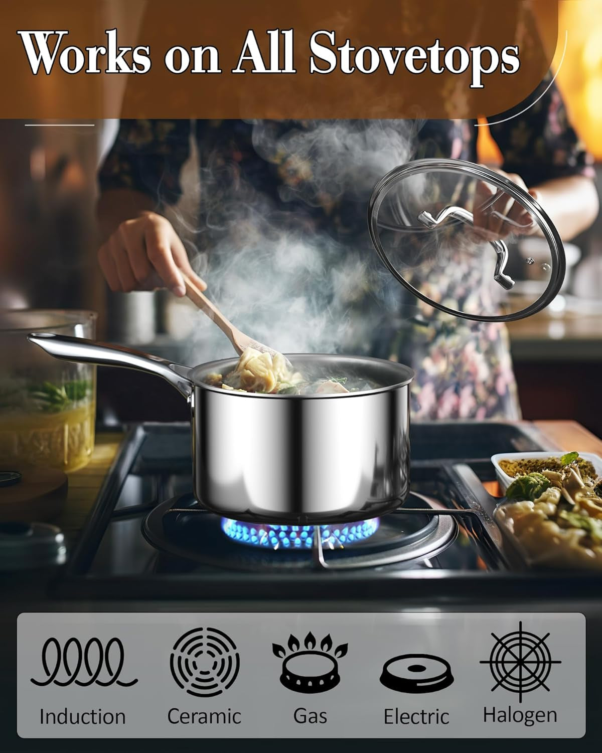 Stainless Steel Saucepan 1.5 Quart, Tri-Ply Full Clad Sauce Pan with Glass Lid, Silver