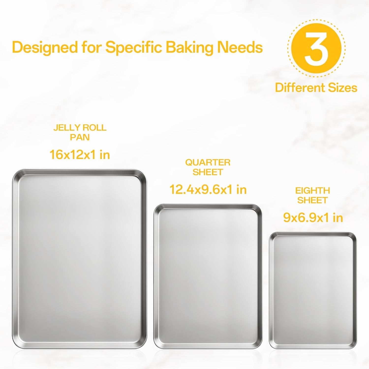 9/12/16 Inch Stainless Steel Baking Sheet Pan Set, 3 Pack Cookie Sheets for Baking, Oven Cookie Tray for Roasting