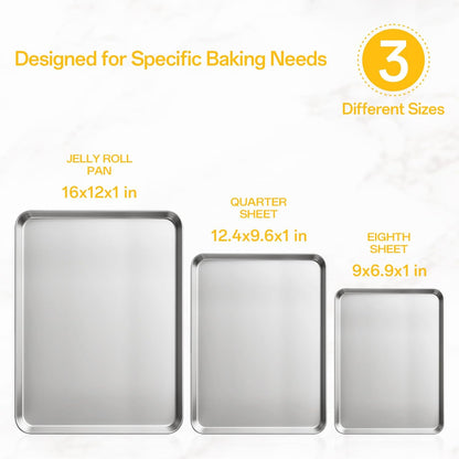 9/12/16 Inch Stainless Steel Baking Sheet Pan Set, 3 Pack Cookie Sheets for Baking, Oven Cookie Tray for Roasting