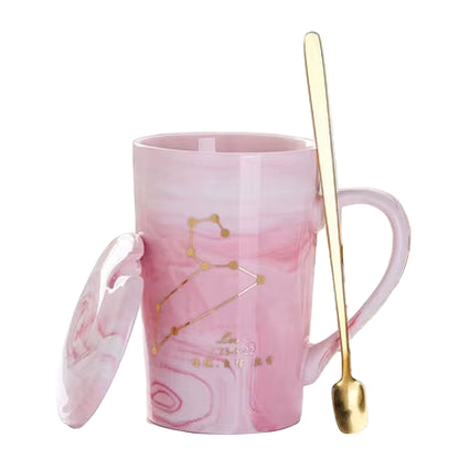 380ML  Natural Marble 12 Constellation Ceramic Pink Zodiac Mug with Lid