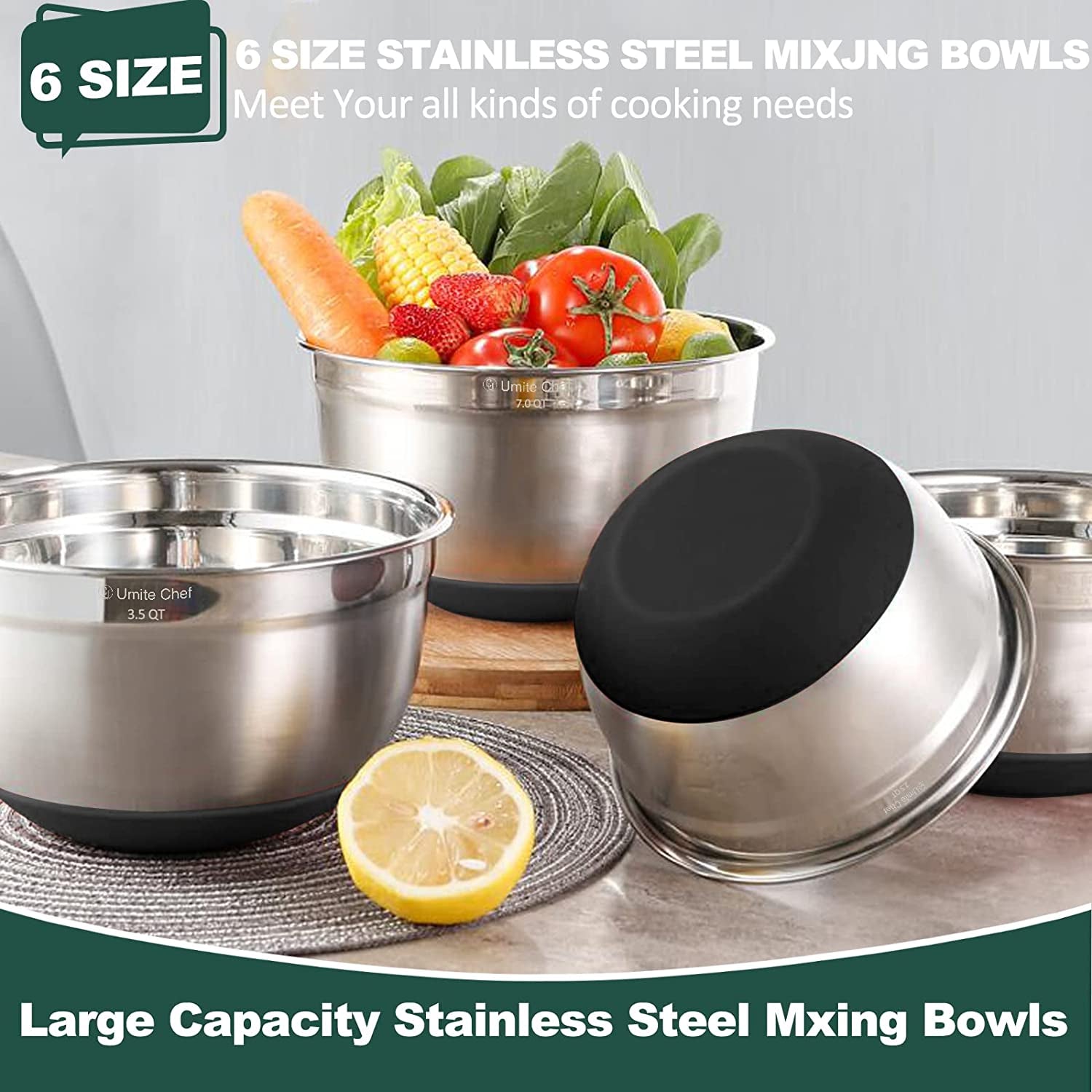 Umite Chef 6-Piece Stainless Steel Mixing Bowls with Airtight Lids