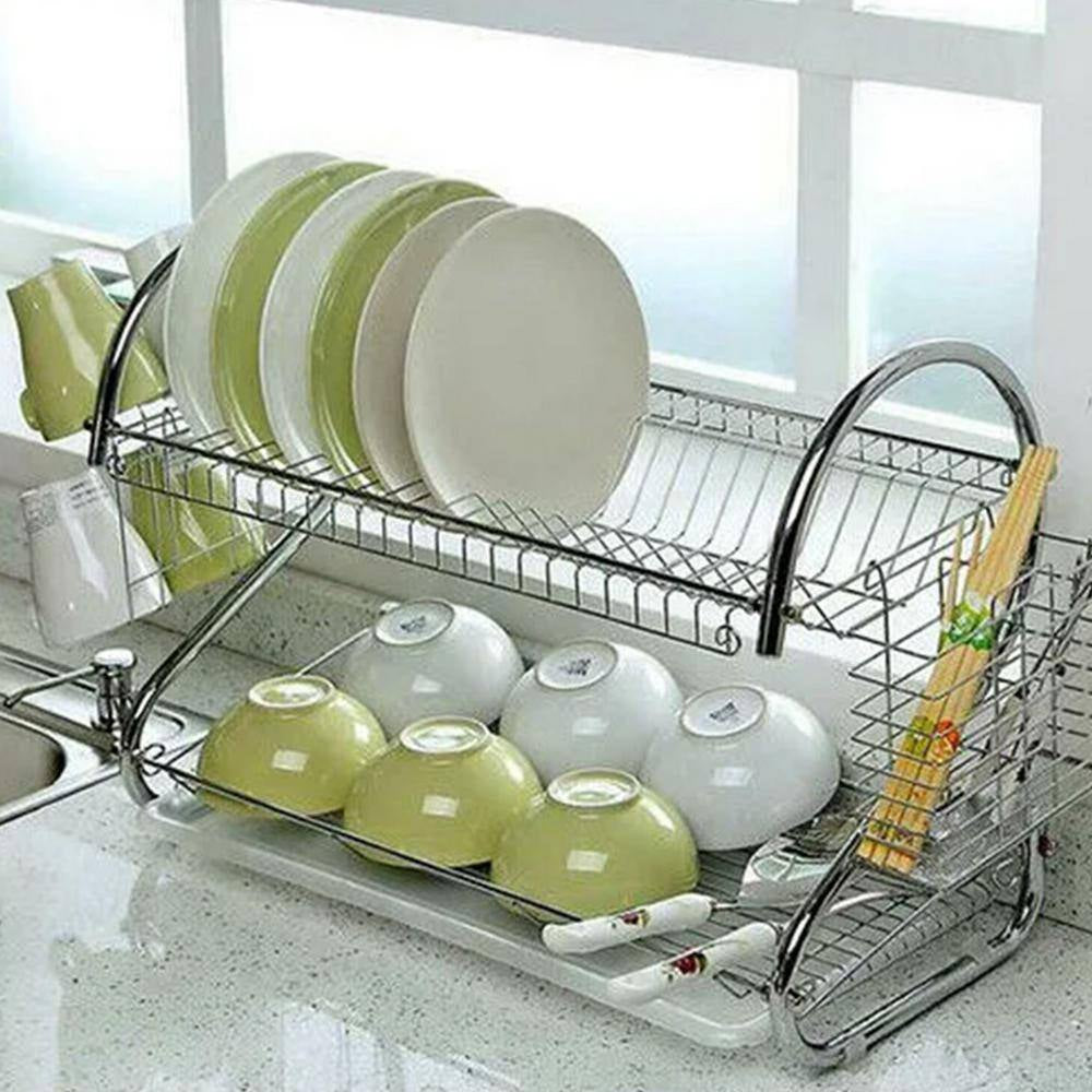 2-Tier Stainless Steel Standing Drying Dish Rack with S Shape Design, Kitchen Cutlery Holder Shelf